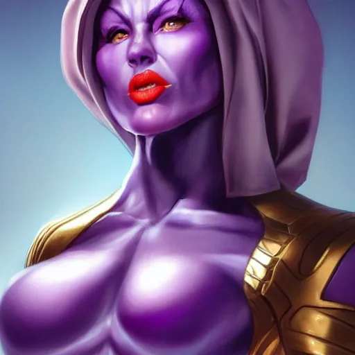 Prompt: thanos as a feminine beautiful muscular fitness model dressed as a battle nun, red lips, attractive, highly detailed full body portrait, pretty face, elegant, breathtaking art, concept art, by artgerm and ilya kuvshinov
