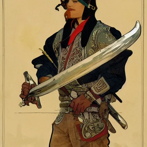 Image similar to portrait : : clearly visible face : : : swashbuckling albino rogue wearing ss uniform leather armor with hand on hilt : : tang dynasty sword with blowtorch flame for blade : : goggles pushed up on forehead : : concept art by rutkowski and alphonse mucha and barlowe