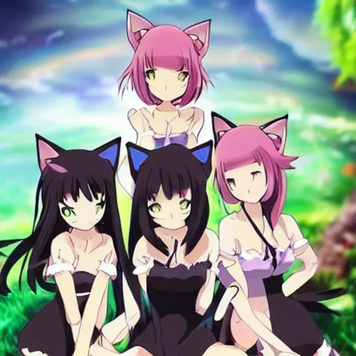 Prompt: “group of catgirls playing, anime still. rise of the cat girls(2020)”
