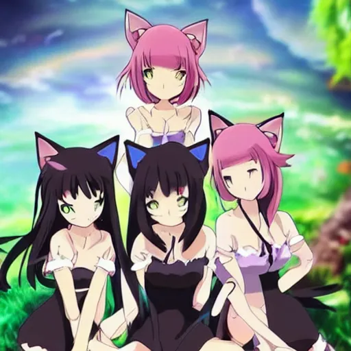 group of catgirls playing, anime still. rise of the, Stable Diffusion