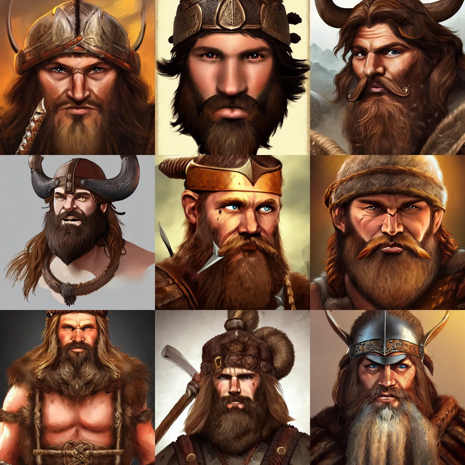 Prompt: Viking Barbarian with long brown beard, D&D Character Head Portrait, Digital Art, Detailed, Trending on Artstation