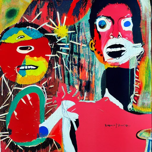 Image similar to acrylic painting of two bizarre psychedelic women kissing in japan in winter, speculative evolution, mixed media collage by basquiat and jackson pollock, maximalist magazine collage art, sapphic art, psychedelic illustration