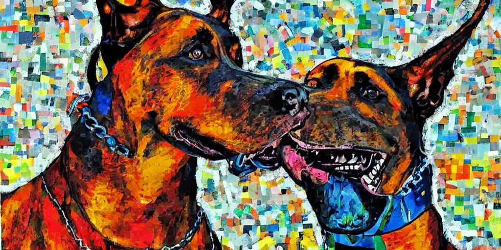 Image similar to mad doberman on a chain, collage, acrylic on canvas, expressionism movement, breathtaking detailed, by blake neubert