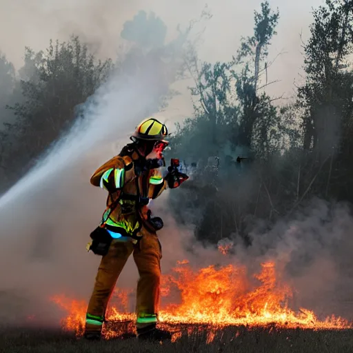 Image similar to a firefighter using a flamethrower