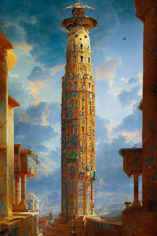 Image similar to glorious painted tower of the sun and stars by Ludwig Deutsch and Rudolf Ernst and tyler edlin, dramatic cinematic lighting , beautiful colorful tilework, ornate architecture, smooth, sharp focus, extremely detailed