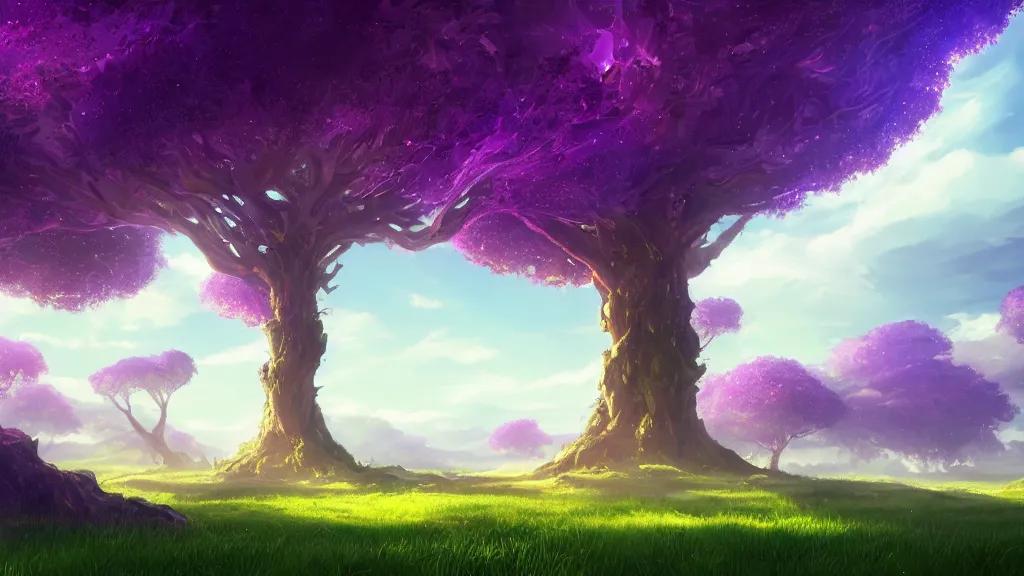 Image similar to giant violet tree overarching green plains, view from the ground, waves of energy, by sylvain sarrailh, rossdraws, ambient light, ultra detailed, fantasy artwork, 8 k, volumetric lighting, trending on artstation, award winning, very beautiful.