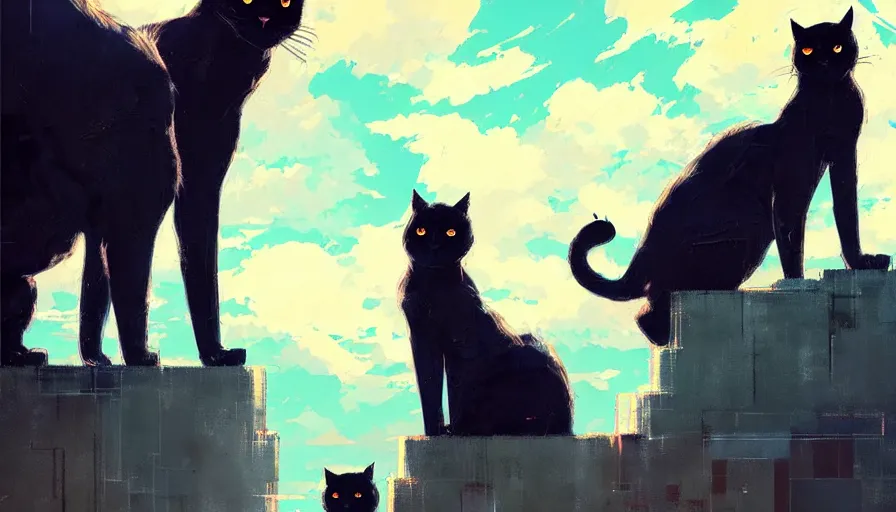 Prompt: contemporary semi abstract acrylic painting of really tall sitting cats by makoto shinkai, by greg rutkowski, thick brush strokes and visible paint layers, glistening clouds in background