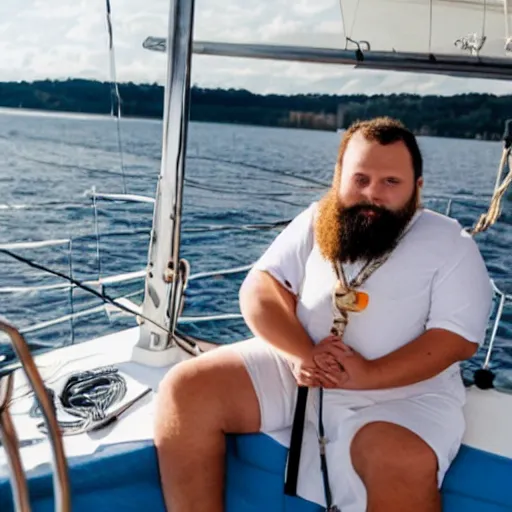 Image similar to a short fat bearded boy on a sailboat