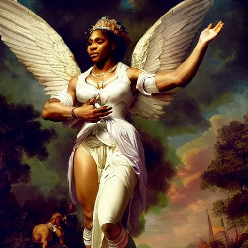 Image similar to Serena Williams as Nike Goddess portrait, wings, luxuriant, dreamy, eternity, romantic, highly detailed,in the style of Franz Xaver Winterhalter, highly detailed,in the style of Aetherpunk