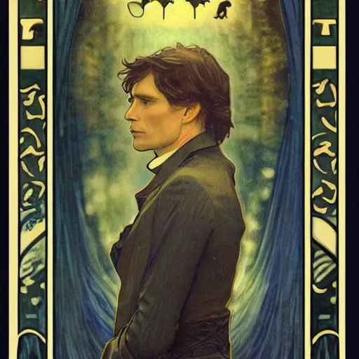 Prompt: cillian murphy portrait by louis - theophile hingre and alphonse mucha, realistic, sharp focus, zodiac signs, tarot cards, planets, ethereal, art nouveau, magic, moon, sun, crown, dreamy, royal, jewellery