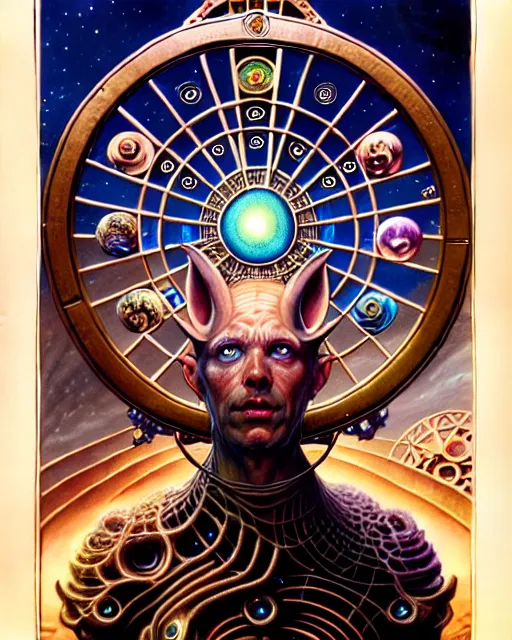 Image similar to the wheel of fortune tarot card, fantasy character portrait made of fractals, ultra realistic, wide angle, intricate details, the fifth element artifacts, highly detailed by peter mohrbacher, hajime sorayama, wayne barlowe, boris vallejo, aaron horkey, gaston bussiere, craig mullins