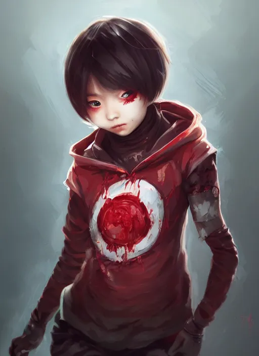 Image similar to a highly detailed illustration of short hair cute japanese girl wearing blood stained hoodie and bandages on arms, dramatic sadistic smile pose, intricate, elegant, highly detailed, centered, digital painting, artstation, concept art, smooth, sharp focus, league of legends concept art, WLOP