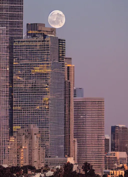 Image similar to the moon hangs low in the sky over downtown los angeles, dusk, photography, cinematic, tarantino, 7 0 mm film