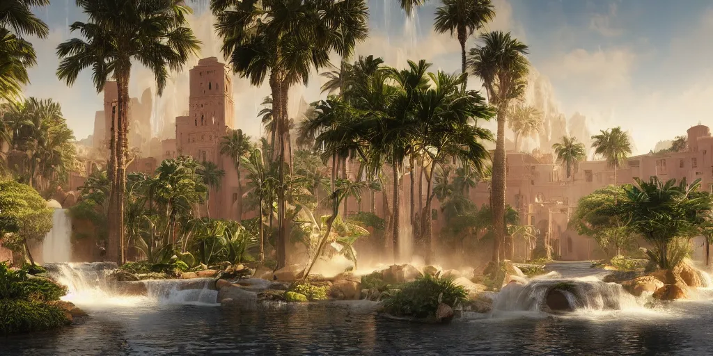 Image similar to beautiful oasis waterfalls surrounded by palm trees, moroccan tile archways, date trees, ivory towers, sun setting, ross tran, nephilim, pyroclastic flow, ethereal, fantasy, james jean, oozium, peter morbacher angelarium alchemy luxury heavenly light soft illumination, trending on artstation, cinematic lighting, digital painting, octane render, artgerm