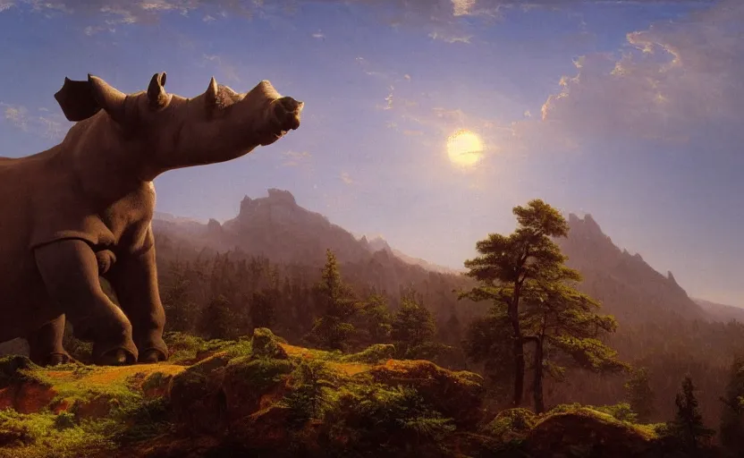 Prompt: massive mountains surrounded by pine forests, the enormous stone statue of a rhinoceros on top of mountain, by albert bierstadt, artstation, low angle, golden hour