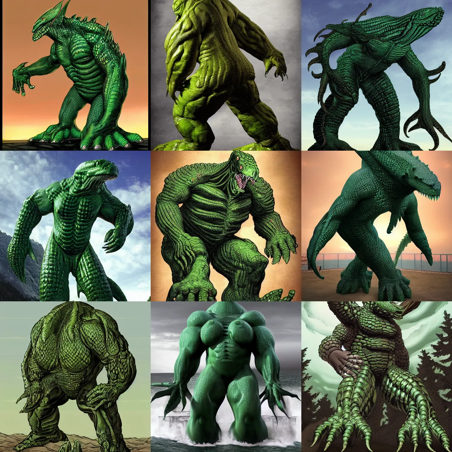 Prompt: Leviathan is thirty feet tall with a seemingly disproportionate body and scaly green skin. He has a top-heavy appearance due to his hunched shoulders and the large cords of muscles standing out on his neck, upper torso, and shoulders. The top-heavy appearance is only strengthened by his much thinner forearms and calves, topped off with massive claws and digitigrade feet. At the back of his body is a prehensile whip-like tail around 50 feet long. Leviathan weighs nearly nine tons. His face lacks any kind of mouth, nose, or ears, with the only features being four cracks containing glowing green orbs that resemble eyes. These eyes are placed asymmetrically, with three on the left side of the face and one on the right. At some point, Leviathan seemingly developed a fifth eye. This eye appeared due to battle damage.When walking on two legs he sways his upper body back and forth in sync with the swaying of his arms, using his tail for balance. However he is far more balanced and significantly faster once on all fours, fast enough to run on the surface of the water. He leaves an \'afterimage\' of water whenever he moves, equivalent to the volume of whatever body part is in motion, perpetually shrouding him in water.