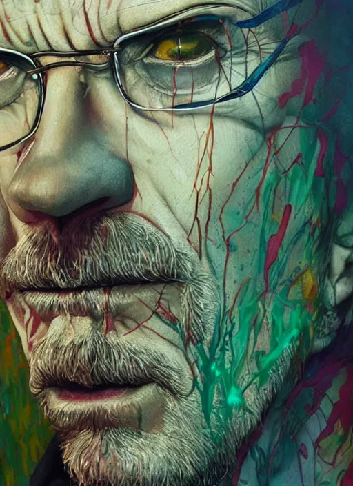 Image similar to a Demon Slayer portrait of Walter White, tall, pale-skinned, slender with lime green eyes and long eyelashes by Stanley Artgerm, Tom Bagshaw, Arthur Adams, Carne Griffiths, trending on Deviant Art, street art, face enhance, chillwave, maximalist, full of color, glittering