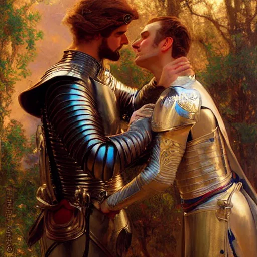 Prompt: attractive fully clothed prince confesses his love for his attractive fully clothed male knight. highly detailed painting by gaston bussiere, craig mullins, j. c. leyendecker 8 k