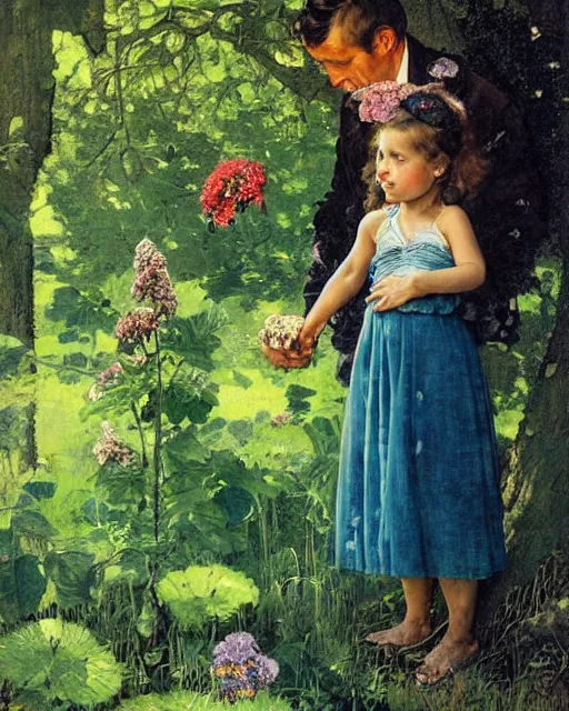 Image similar to detailed painting of a beautiful tardigrade standing upright and holding hands with a young girl, untouched by humans for years, with a brooding fairy inside it. sunlight beams down on the scene and you can tell it is spring from the flowers. atmospheric. by norman rockwell