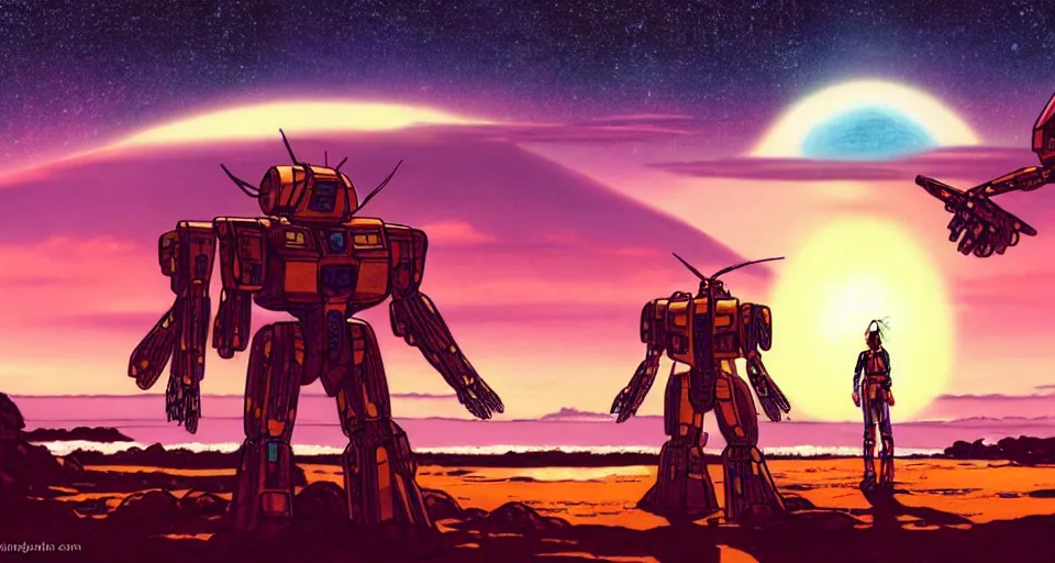 Image similar to a beautiful cinematic view of a walking humanoid mecha on a tropical island paradise, underneath a star filled night sky, warm coloured, gigantic pillars and flowers, maschinen krieger, moebius, star trek, gundam, film, atmospheric perspective