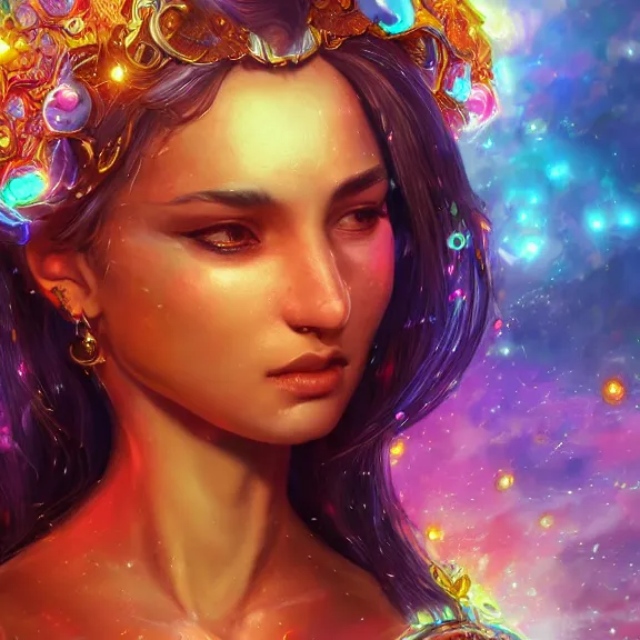 Image similar to highly detailed close up portrait of a celestial girl with a body made of cosmic energy, character art, studio lightning, bright colors, intricate, masterpiece, photorealistic, hiperrealistic, sharp focus, high contrast, Artstation HQ, DeviantArt trending, 4k UHD, Unreal Engine 5