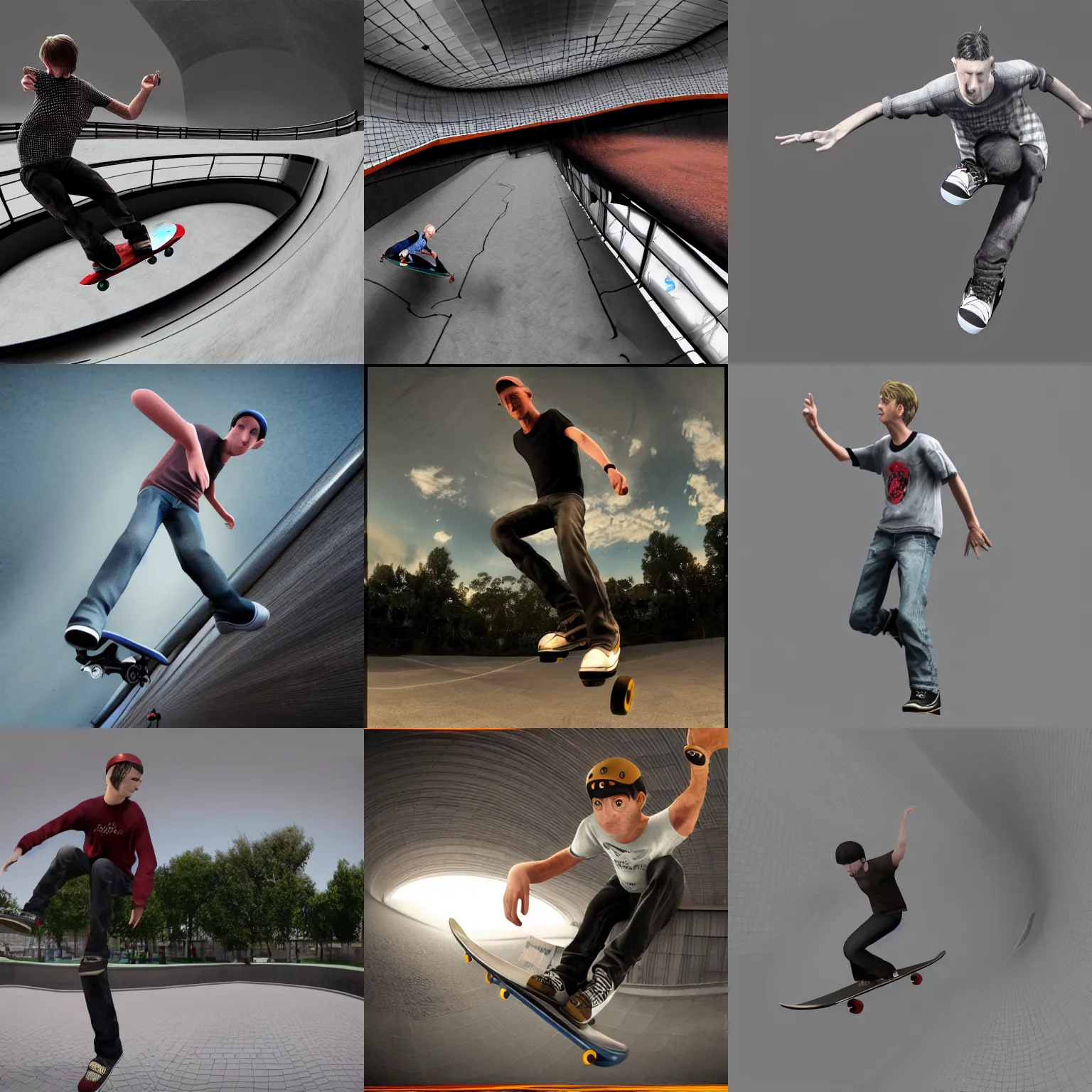 Image similar to tony hawk, 3 ds max animation, redshift render, realistic, cloth sim, fisheye, skater xl, skatrix 4 k