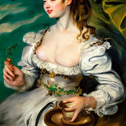 Image similar to heavenly summer sharp land sphere scallop well dressed lady holding a green paper coffee cup, auslese, by peter paul rubens and eugene delacroix and karol bak, hyperrealism, digital illustration, fauvist, green paper coffee cup