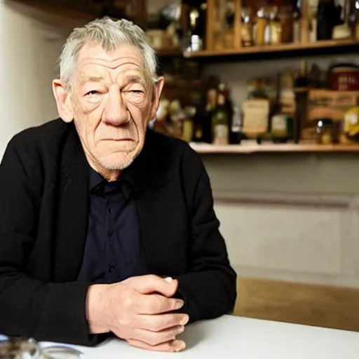 Image similar to film still of ian mckellen disappointed by a sandwich