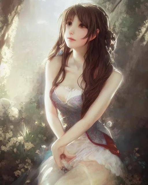 Image similar to aerith gainsborough in lace skirt, portrait, illustration, rim light, top light, perfectly shaded, soft painting, art by ross tran, krenz cushart and wenjun lin