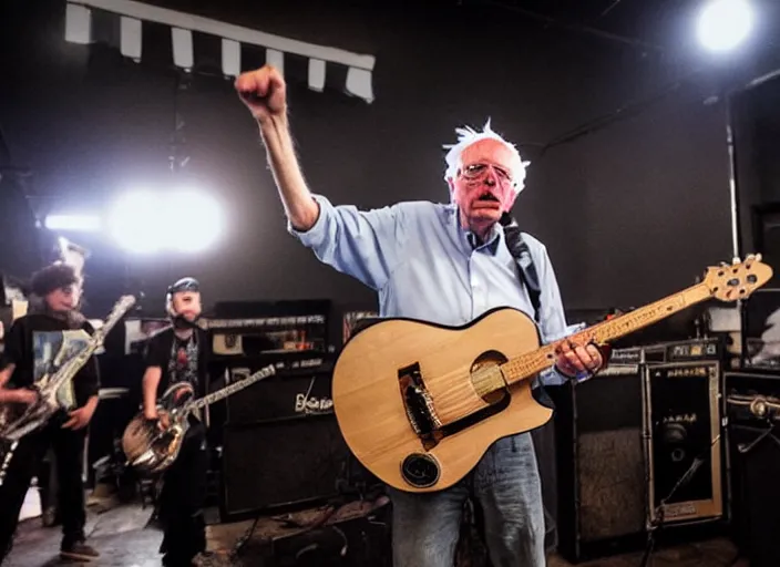 Image similar to publicity photo still of bernie sanders in a punk band playing live on stage, 8 k, live concert lighting, mid shot