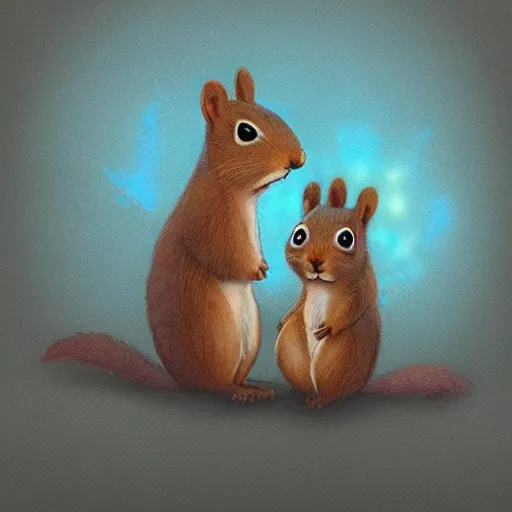 Prompt: hologram of two anthropomorphic squirrels looking at the viewer rossdraws,greg rutkowski,and Sarah Andersen,ambient style, very detailed,detailed,detailed,sad,gloomy,dark