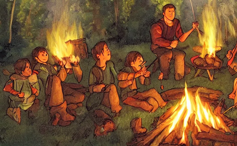 Prompt: childrens book illustration of the fellowship of the ring roasting marshmallows and making s'mores around a campfire