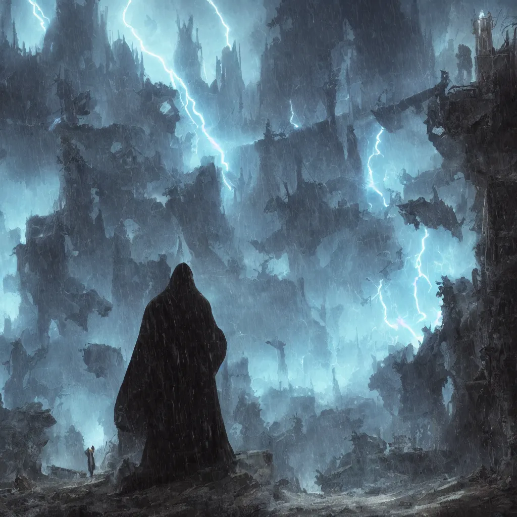 Image similar to a still of a cloaked figure standing in the ruins of crux prime, monastery, there is lightning, blue fiery maelstrom in the distance, it is raining, digital art, artstationhq