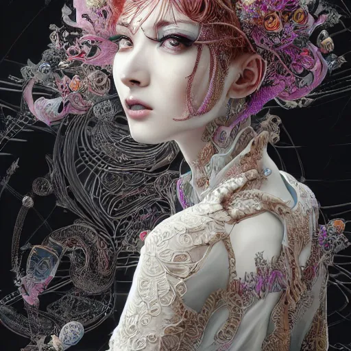 Prompt: the portrait of an absurdly beautiful, graceful, elegant, sophisticated, fashionable cyberpunk gravure idol, an ultrafine hyperdetailed illustration by kim jung gi, irakli nadar, takato yamamoto, intricate linework, bright colors, porcelain skin, unreal engine 5 highly rendered, cgsociety, fractal background, global illumination, radiant light, detailed and intricate environment