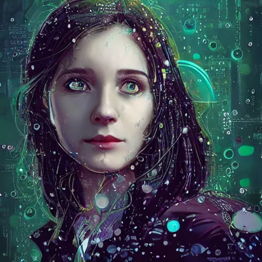 Prompt: close up portrait of a young female as sherlock Holmes with straight hair has an epic idea, pixar style, stylized face, intricate detail, digital painting, gears, watches, steampunk, glowing eye, biomechanical, trash polka, raining, faded green, particles floating, industrial background by marc simonetti + wlop, artwork by ross tran + ramond swanland + liam wong +mike winklemann + wlop