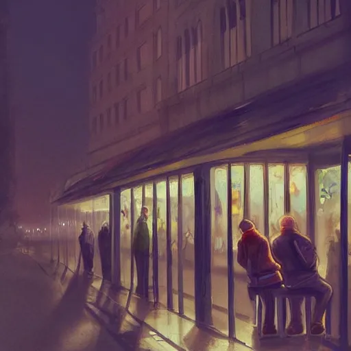 Image similar to a some people waiting in a lone bus stop in quiet dark city night, high quality, high resolution,detailed, by artgerm