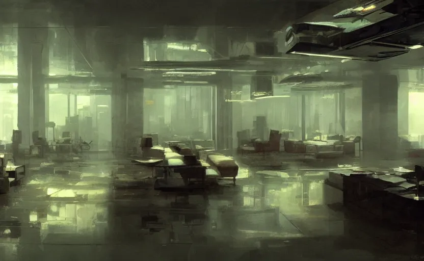 Prompt: a luxury high tech office interior, painting by craig mullins, interior design, octane rendering, warm moody lighting, wide angle lens, low view, in the style of blade runner