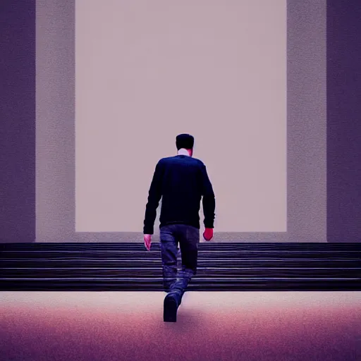 Prompt: photo - realistic, painting of a man walking alone in the boulevard of broken dreams, stairs in the background, hyper detail, sharp, in the style of beeple, mobeius, rule of thirds