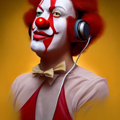 Image similar to a portrait of Ronald McDonald with red clown nose wearing headset microphone in the MSPWAVES studio, music notes in background, symmetrical facial features, intricate, elegant, highly detailed, digital painting, trending on Artstation, concept art, smooth, sharp focus, illustration, in the style of artgerm and greg rutkowski and alphonse mucha