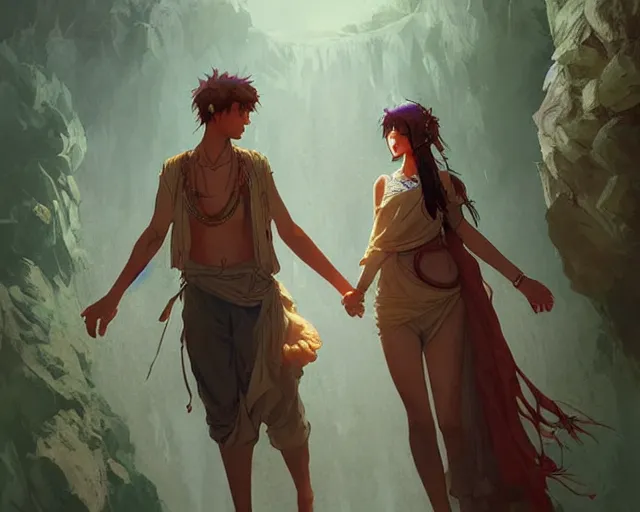 Image similar to a cinematic boy girl traditional romance moment, exploring the caves boho clothing, full body illustration, bestselling movie art poster, official media, 1970s fashion, dynamic lighting official anime media, incredible art by artgerm and greg rutkowski