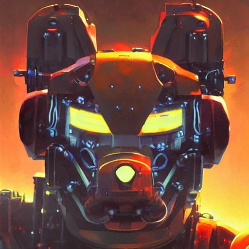 Prompt: a dark and colorful close - up of a sci - fi mecha lion robot with led lights glowing fog in the background. highly detailed science fiction painting by norman rockwell, frank frazetta, and syd mead. rich colors, high contrast, gloomy atmosphere, dark background. trending on artstation