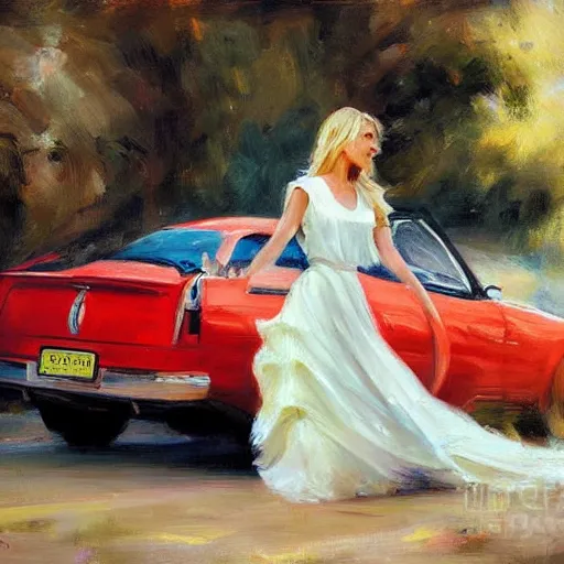 Image similar to painting volegov car blonde woman volcano