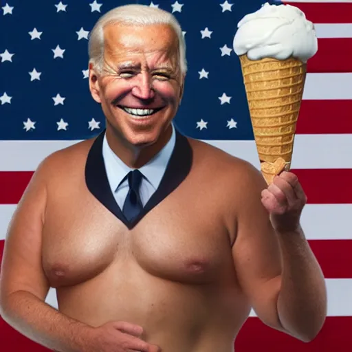 Prompt: obese Joe Biden in a Speedo, holding a gigantic ice cream cone, award winning photo, trending on artstation, 8k