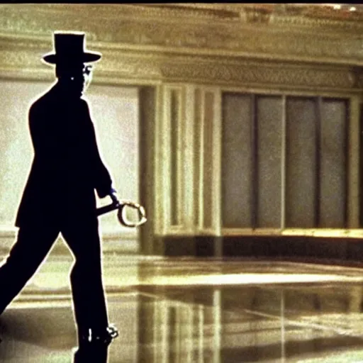 Image similar to a film still of a man holding a cane wearing a black suit with a black bowler hat with a robotic face in Lost Highway(1997)