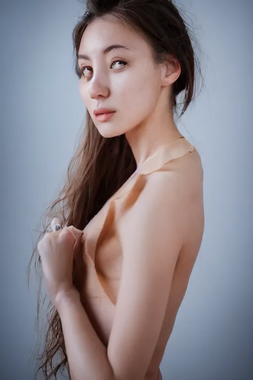 Image similar to 2 4 year old female model, wearing v - neck top, zoomed on clavicle, photo realistic, extreme detail skin, natural beauty, no filter, slr, golden hour, 4 k, high definition, selfie