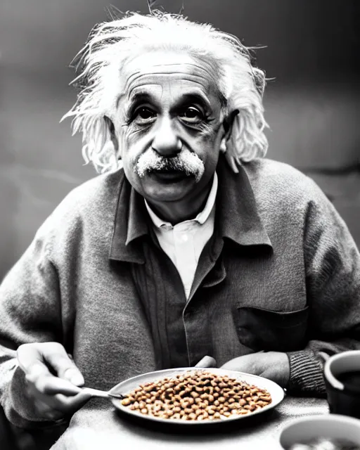 Prompt: A photo of Albert Einstein eating Rajma Chawal, highly detailed, trending on artstation, bokeh, 90mm, f/1.4