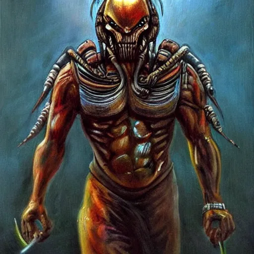 Image similar to a beautiful portrait painting of predator movie alien wearing a samurai. high renaissance.