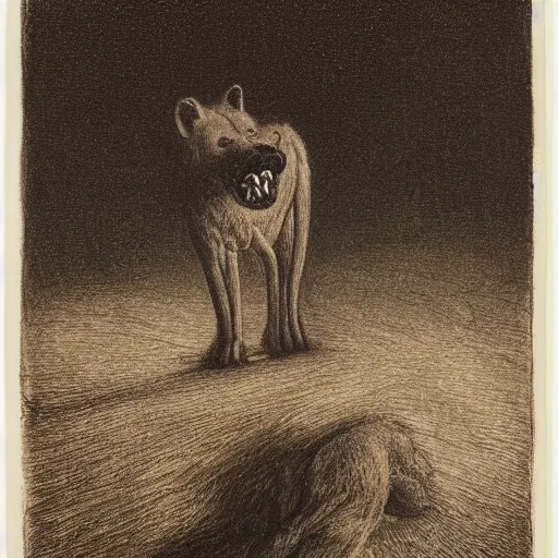 Image similar to giant hyena standing on a desert road at night, hard flash, by alfred kubin