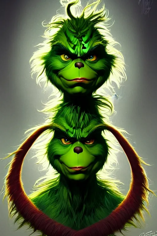 Image similar to symmetry!! intense fanart of 3 / 4 front pose of the grinch, protagonist, intricate,, highly detailed, my rendition, digital painting, artstation, concept art, perfect, smooth, sharp focus, illustration, art by artgerm and greg rutkowski and alphonse mucha