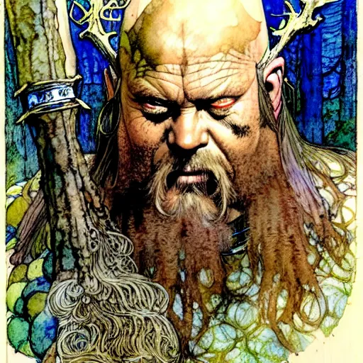 Image similar to a realistic and atmospheric watercolour fantasy character concept art portrait of urho kekkonen as a druidic warrior wizard looking at the camera with an intelligent gaze by rebecca guay, michael kaluta, charles vess and jean moebius giraud